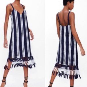 NEW M Zara Blue White Striped Fringe Crochet Dress